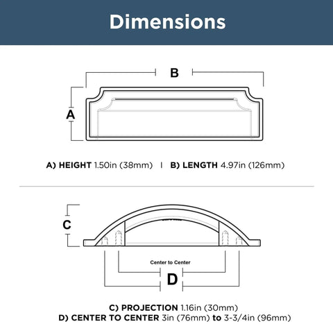 Dimensions illustration for Matte Black Cabinet Handles Set Of 10 Notched Backplate Drawer Pulls showing size and center spacing