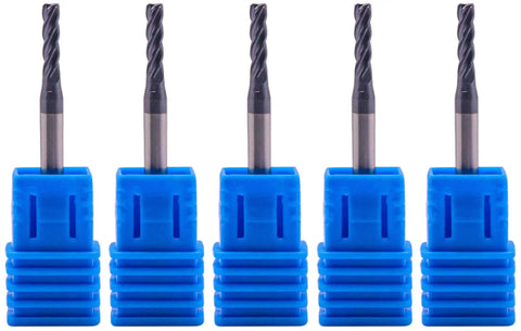Front view of Pro Grade Solid Carbide End Mill Set Five Pcs Four Flute Three Thirty Second Inch Cutting Diameter with blue packaging.
