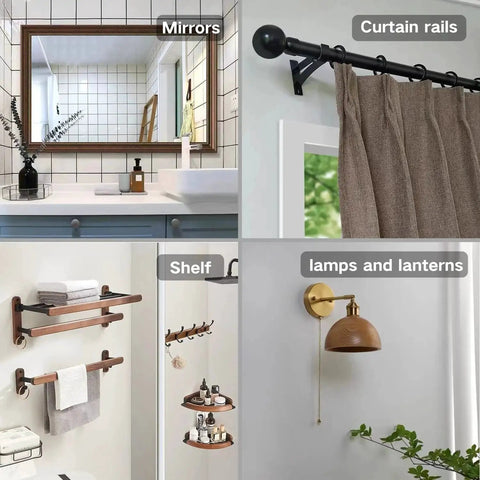 142 Piece Drywall Anchors And Screws Kit With 5 Different Sizes For Lightweight Mounting In Drywall Gypsum Board Lime Chipboard And Wood Ideal For Shelves Hangers Pictures Mirrors And Other DIY Fixings, shown in use for mirrors, curtain rails, shelves, and lamps.
