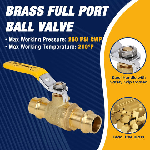 Brass full-port ball valve with yellow lever handle for 3/4 in copper tubing connection