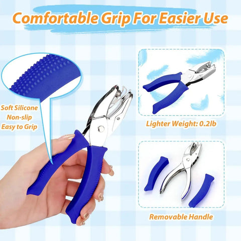 Comfortable soft grip on Six Piece Craft Hole Punch Set With One Quarter Inch Punches For Scrapbooking And Card Making Includes Round Square Floral