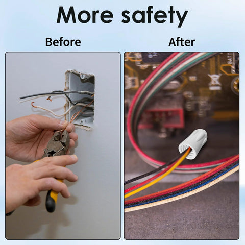 Ceramic wire connectors before install; hand with pliers on multiple stripped wires in a wall box

Ceramic wire connectors installed; close-up of porcelain twist cap over red, yellow, black, and blue wires