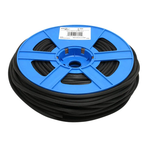 1/4-Inch Black Vinyl Spline Roll, 250 Ft Hollow Core, 32 Point Extruded Spline For Easy Window Screen Installation on blue reel.