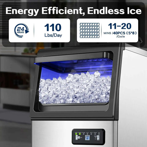 Commercial Ice Maker Machine Delivers 110 Lbs Per Day With Undercounter Or Freestanding Design 22 Lbs Storage Bin Stainless Steel Self Cleaning Quiet Operation Pro Grade For Home Bar Restaurant Coffee Shop showing ice production and display panel