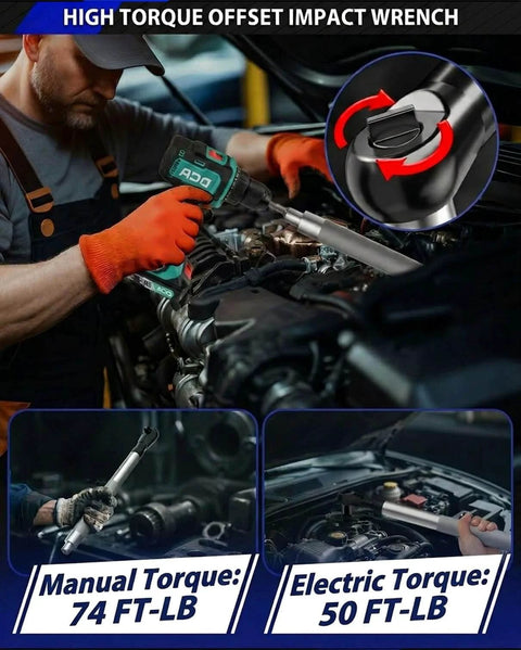 Mechanic using a 1/2-Inch Offset Extension Wrench For Tight Spots, Impact Ratchet Extender For Electric Drill in automotive engine area