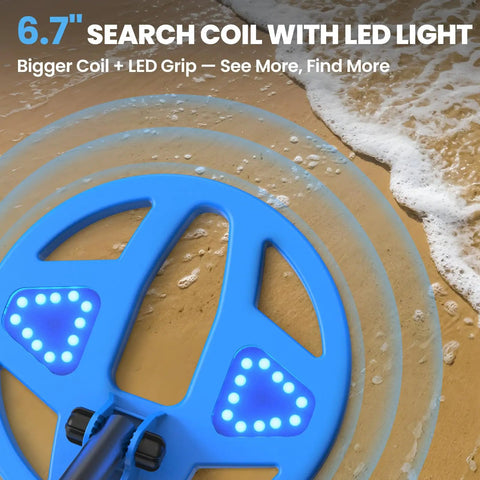 Color LCD Screen Kids Metal Detector With LED Lit Coil Adjustable Lightweight Treasure Hunter For Ages 3 To 12 Kid Friendly Safe Rubber Grip STEM Gift For Boys And Girls Blue showing 6.7 inch LED-lit search coil on sand.