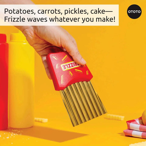 Frizzle Crinkle Fry Cutter Turns Potatoes Into Waffle Fries And Fun Veggie Crinkles For Easy Snacking And Party Ready Bites A Cool Quick Kitchen Gadget And A Quirky Gift OTOTO, shown slicing potatoes