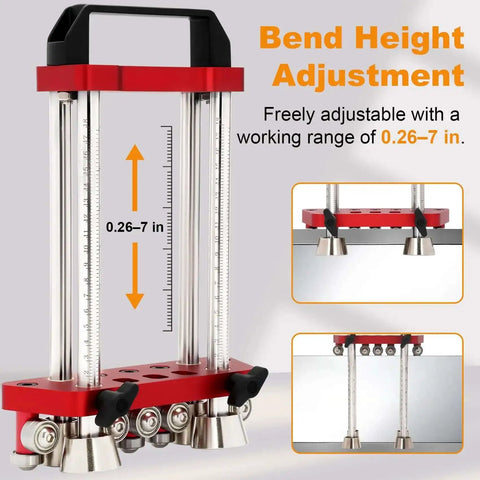 Pro Grade Sheet Metal Bender Tool With 2 Station Design For Roofing And Fabrication, adjustable depth gauge and height range indicators.
