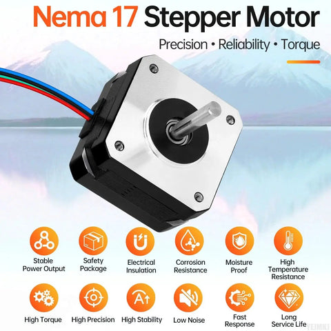 High Torque Nema 17 Stepper Motor Set For DIY 3D Printer And CNC Machines with features icons and labels shown