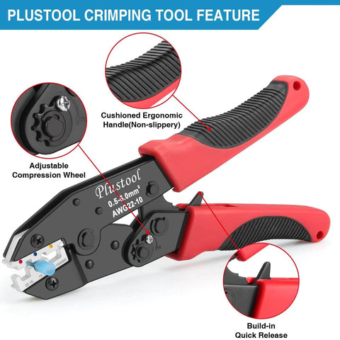 Close-up of a crimping tool with cushioned handle, adjustable wheel, and quick release for 6 Piece Ratcheting Crimping Tool Set For Wire Crimping With Pro Grade Performance On Heat Shrink, Insulated Nylon And Non Insulated Terminals, Ferrule Terminals, Open Barrel Terminals, And Solar Connectors.