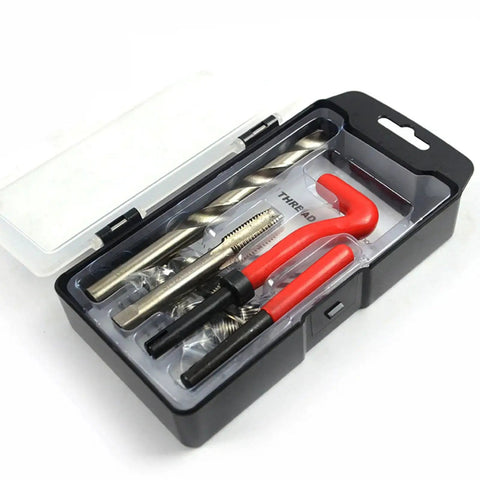 15 Piece M14x1.5 Thread Repair Kit With Helicoil Inserts, HSS Drill Bits And Taps For Auto Repair And Motorcycle Maintenance, Gearhead Approved Durable Steel Set For Easy Thread Restoration And Quick Vehicle Fixes in open black case showing components and accessories for repairs.