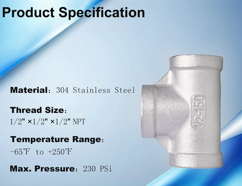 TL TOOLEGIN 1/2 in NPT Tee, 304 stainless steel 3-way pipe fitting, pack of 2