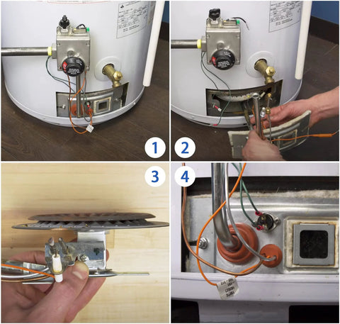 Pilot assembly replacement for natural gas water heater, front view with control valve and wiring.
Pilot assembly replacement for natural gas water heater, side view showing gas line and wiring.
Replacement pilot assembly components close-up, showing thermocouple and mounting hardware.
Installed view of pilot assembly connections under water heater, gas line and electrical wiring.