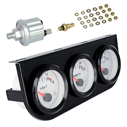 Three In One Auto Gauge Meter Kit 52mm for 12V cars, black console with voltmeter, water temperature, oil pressure gauges, install kit.