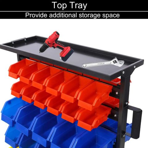 Top view of Six Tier Rolling Bin Storage Rack With Sixty Color Coded Bins On Smooth Wheels Dual Sided Parts Organizer With Top Tray