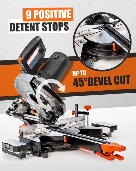 Sliding Compound Miter Saw With Laser Guide And 3 Blades Built For Woodworking And DIY showing 45-degree bevel and detent stops