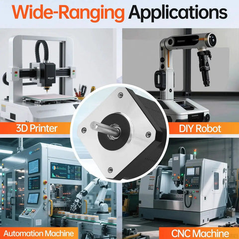 Beefy Torque Nema 17 Stepper Motor 2 Phase 1.8 Degree for 3D Printers DIY CNC Machines Bipolar, shown with applications: 3D printer, DIY robot, automation, CNC machine.