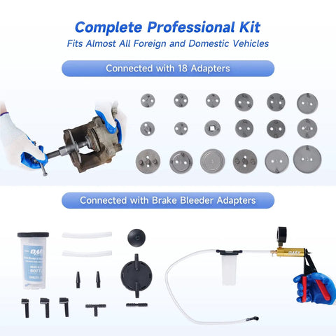 Front view of Orion Motor Tech 2-in-1 brake caliper compression and brake bleeder kit with 18 adapters and handheld vacuum pump