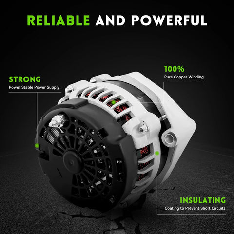 160 Amp High Output Alternator For GM Full Size SUVs And Trucks 2007 Through 2014 Yukon Tahoe Suburban Silverado 1500 2500 Avalanche Escalade Replacement 15093928 15905871 ADR0369 close-up with power supply and coating features
