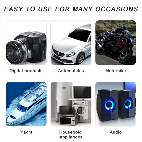 Digital products, automobiles, motorbike, yacht, household appliances, and audio equipment displayed as various uses for "5 Pack Thermal Circuit Breakers 125/250V AC, 32V DC, 10A With Manual Reset Push Button, Waterproof Cover, Auto Car Electrical Safety Switch for Car Accessories, Durable, Weatherproof, Quick Reset"