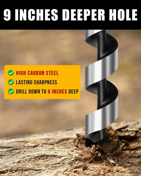 Close-up of Upgrade Bushcraft Hand Auger 10 Inch Scotch Eye Wood Drill, cutting into wood, emphasizing 9 inch drilling depth.