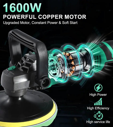 1600W Car Buffer Polisher With 7 Inch And 6 Inch Pads Pure Copper Motor Variable Speed 1000 To 3500 RPM Heavy Duty Car And Boat Polishing Kit With Ultra Long Cord For Waxing Buffing And Detailing showcasing powerful motor components and handle