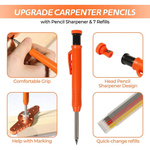 Orange carpenter pencil with sharpener and refills, shown with comfortable grip, marking tool, and quick-change features.