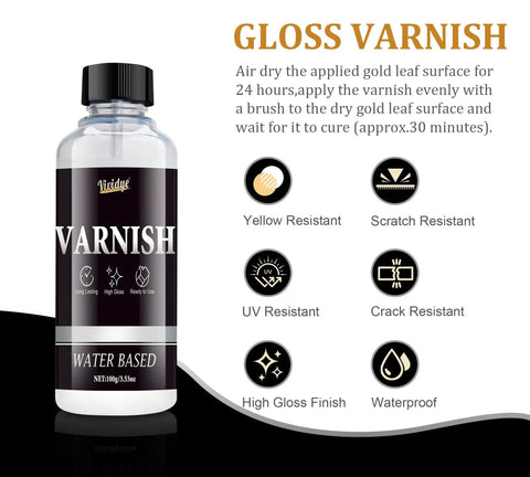 Gloss varnish bottle from All-In-One Gold Leaf Gilding Kit With 24K Gold Foil Sheets, showing features like water-based and scratch resistant.