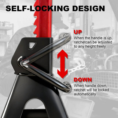 6 Ton Jack Stands With Pin Locking And Rubber Cover Large Base 15 To 23 In, showcasing self-locking design and adjustable height feature.