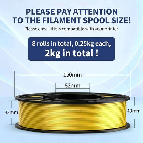 Eight Color Elite PLA Plus 3D Printer Filament Bundle spool size dimensions and total weight details