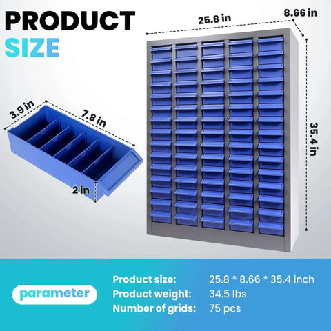 75 Drawer Bolt Bin Organizer With ABS Drawers, Industrial Parts Cabinet dimensions and detailed drawer view