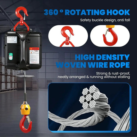3 In 1 Electric Hoist Winch With Wireless And Cable Remote 1100 Lb Lift showing rotating hook and woven wire rope