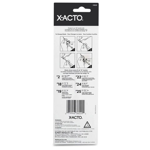 Back packaging of All Purpose Precision Knife With Size 2 Fine Point Blade For Clean Cuts On Medium To Heavy Materials, Durable Aluminum Handle, Easy Change Blade System, And Safety Cap For Safe Storage On The Go, showing illustrations and instructions.