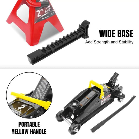 2 Ton Hydraulic Floor Jack With Two Jack Stands Red And Black 4000 Lbs Capacity Trolley Service Jack Combo details and features
