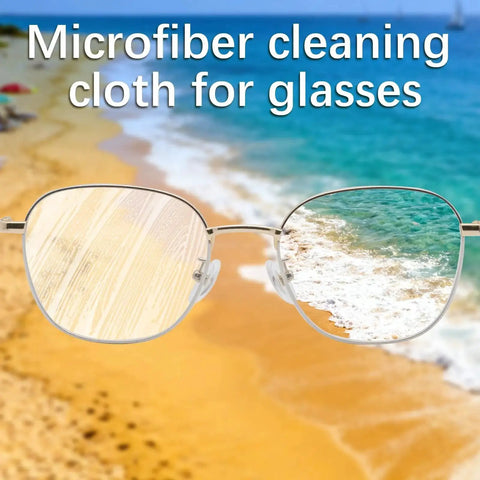 80 Pack Multi Color 6x7 Microfiber Cleaning Cloths For Glasses And Screens promotional image with beach backdrop through glasses.
