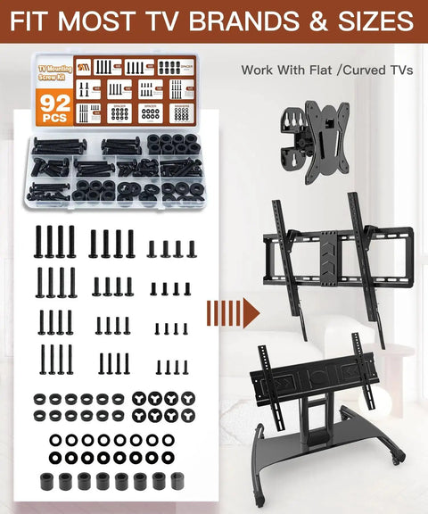 Universal TV Mounting Hardware Screw Kit With Box Including M4 M5 M6 M8 Screws Spacers And Washers For Most TV And Monitor VESA Mounts Up To 80 Inches Replacement Screws For Wall Mount shown with components and TV mount setup.