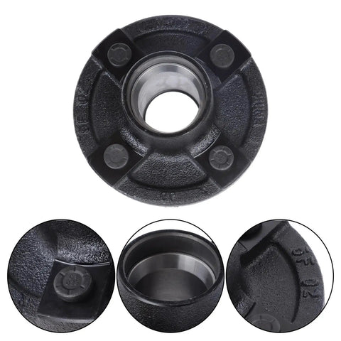 Two Sets 4 On 4 Inch Trailer Hub Kit With 1 Inch Square BT8 Spindle And Complete Trailer Bearing Kit Including Inner And Outer Bearings L44643 L44610 Grease Seal Dust Cap Lug Nuts Spindle Nut Washer And Cotter Pin For Heavy Duty Towing front view, close-up.