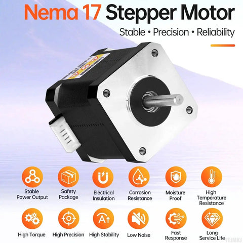 Image showing a Dope Nema 17 Stepper Motor with key features highlighted like high torque and precision for CNC and 3D printers.