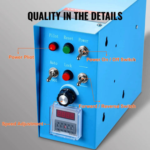 Control panel of Rotary Welding Positioner 50Kg with 0 to 90 Degree Turntable, showing switches and digital speed display.