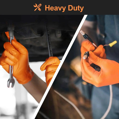Heavy Duty Orange Nitrile Gloves 8 Mil Diamond Texture Grip XL, used in automotive repair.