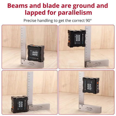Pro Grade Machinist Square Set 2 3 4 6 Inch Right Angle Squares For Precision Layout And Measurement With Hardened Steel Construction Built To Endure Tough Workshop Conditions Ideal For Metalworking Carpentry And DIY Projects By XUNTOP, shown with measurement gauge.