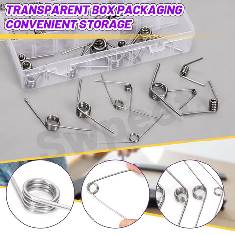Swpeet stainless steel torsion springs assortment kit in transparent storage box; 45 pcs, 15 sizes, 45/90/120° springs.