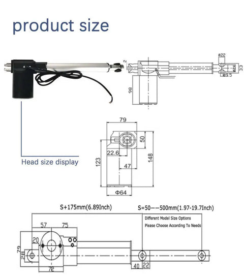 Diagram of Beefy Heavy Duty 1320 Lbs 6000 N 24 V DC Linear Actuator With 8 Inch Stroke showing dimensions and head size