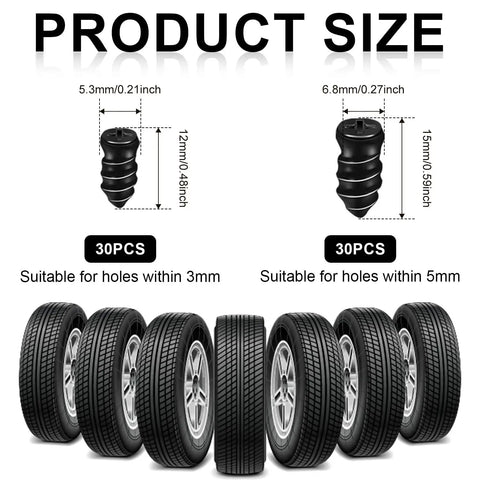 60 Piece Tire Repair Nails Kit With Rubber Plugs For Quick Puncture Fixes DIY Self Service Vacuum Tire Repair Tools For Auto Motorcycle Car Truck Tractor NQEUEPN product size chart showing plugs for different hole sizes.