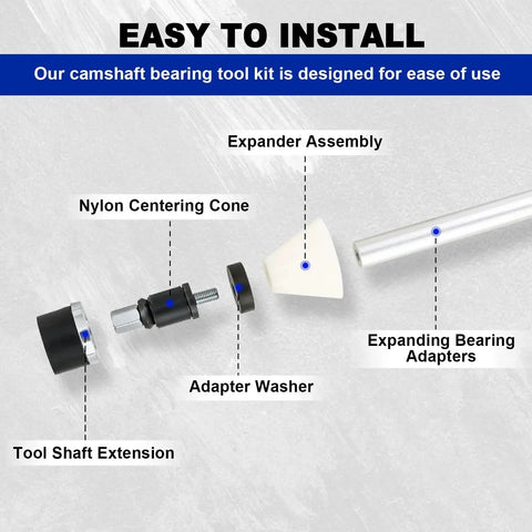 Universal Cam Bearing Tool Kit parts illustration, including tool shaft extension, adapter washer, nylon centering cone, expander assembly.