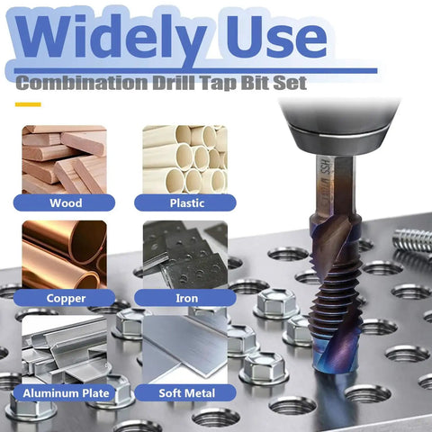 Combination drill tap bit set drilling metal plate, suitable for wood, plastic, copper, iron, aluminum, and soft metal applications.