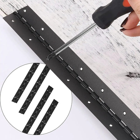 Installing Two Pack 6 Inch Black Heavy Duty Piano Hinges Stainless Steel 2 Inch Open Width onto a wooden surface with screws and screwdriver.