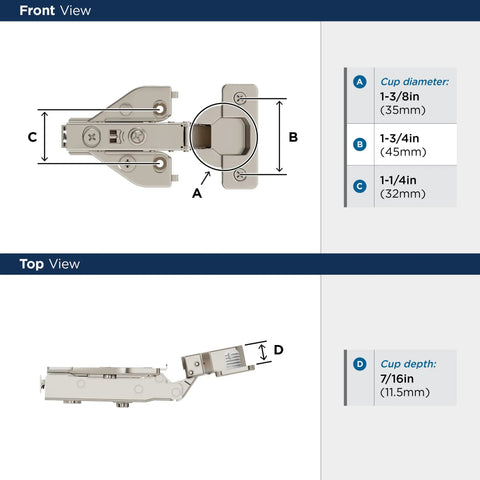 Front and top view of Premium Face Frame Cabinet Hinges With Soft Close For Kitchens And Baths One Half Inch Overlay Euro Concealed 105 Degree Opening Three Way Adjustment Two Pack With Dowels And Mounting Hardware Amerock with dimensions shown.