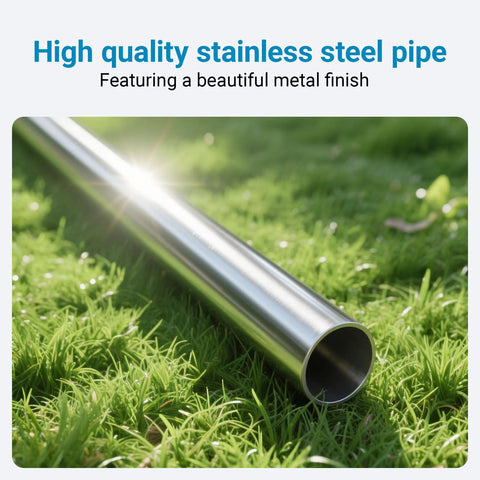 Two 1-inch OD 304 stainless steel pipes, 20 inches long, 1.5 mm wall, metal tubing on grass.
