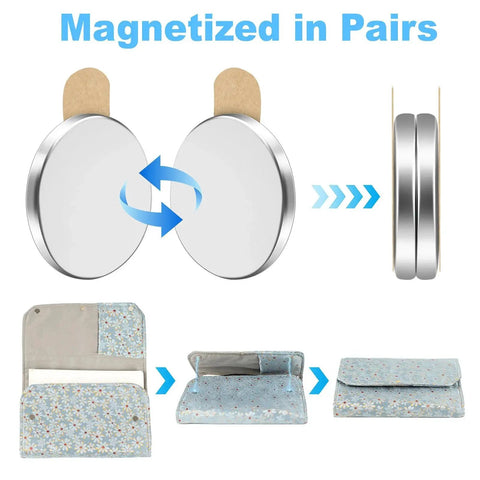 UTOMAG round neodymium magnets with adhesive backing; 8x1 mm discs shown in pairs, used on a blue floral fabric organizer